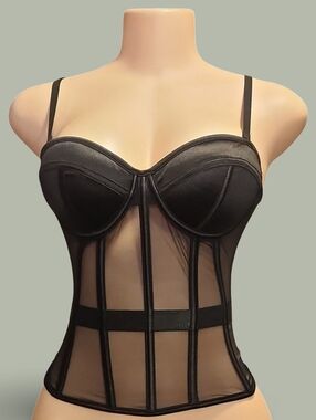Black Sheer Mesh Corset Top Lace-Up Back Adjustable Shoulder Corporate Goth